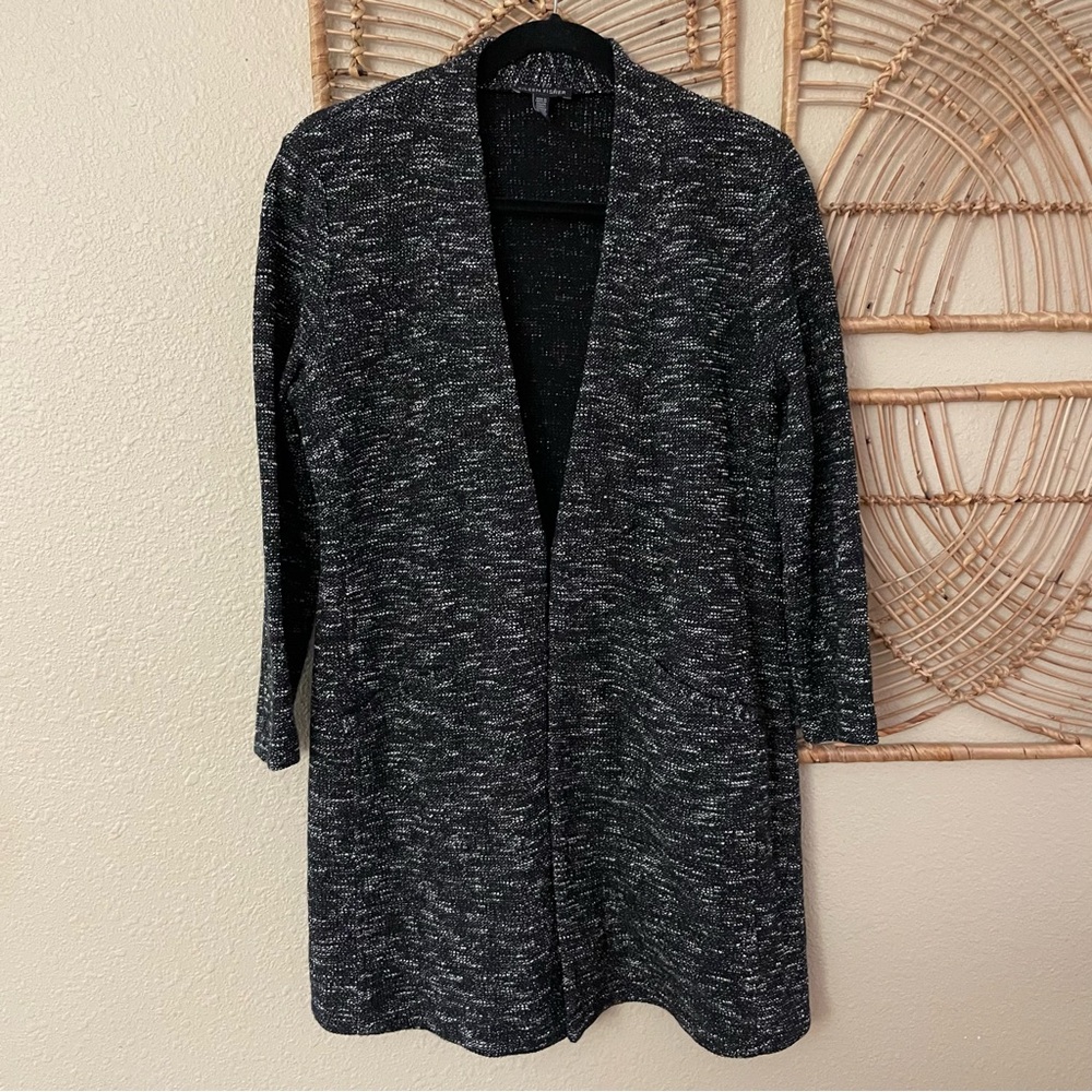 Eileen Fisher Micro Tweed Knit Long Cardigan Black White Textured Sz S B2‎